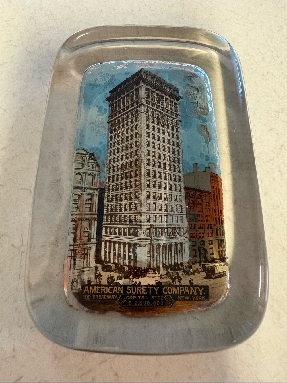 Antique Clear Glass Paperweight/ American Surety Building